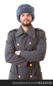 young man dressed as russian military, studio picture