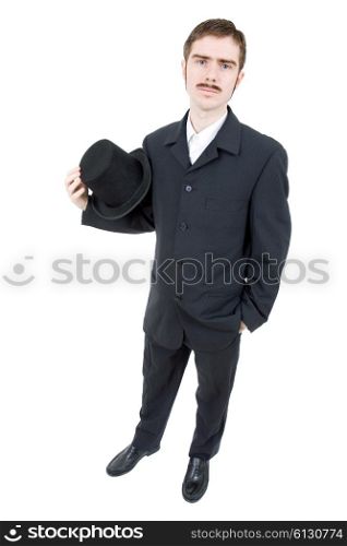 young man dressed as vintage groom, full length