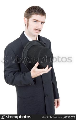 young man dressed as vintage groom, isolated
