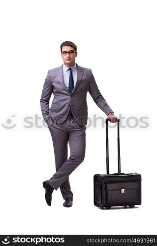Young man during business travel isolated on white
