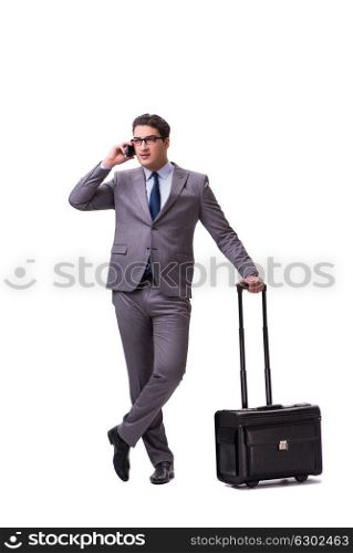 Young man during business travel isolated on white