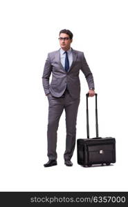 Young man during business travel isolated on white