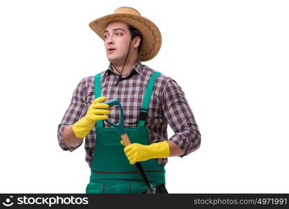 Young man gardener isolated on white