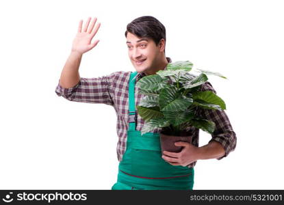 Young man gardener isolated on white