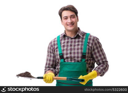 Young man gardener isolated on white