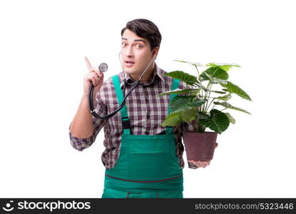 Young man gardener isolated on white