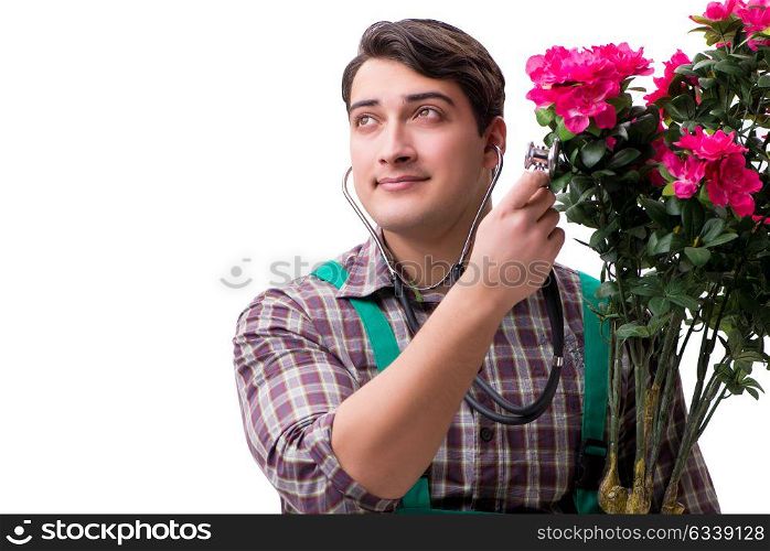Young man gardener isolated on white