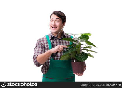 Young man gardener isolated on white