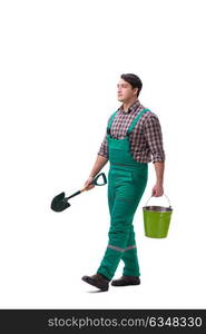 Young man gardener isolated on white