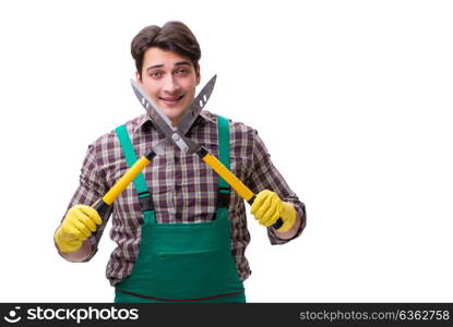 Young man gardener isolated on white