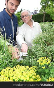 young man gardening with older woman