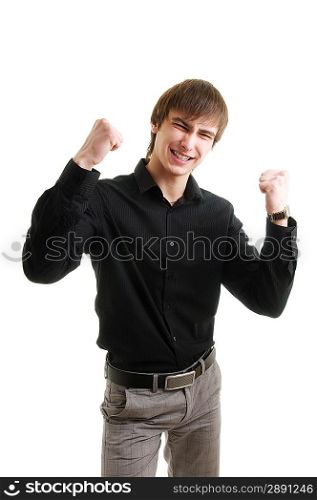 Young man gesturing victory. Isolated over white.