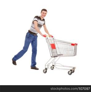 Young Man Going with Empty Shopping Trolley on White Background