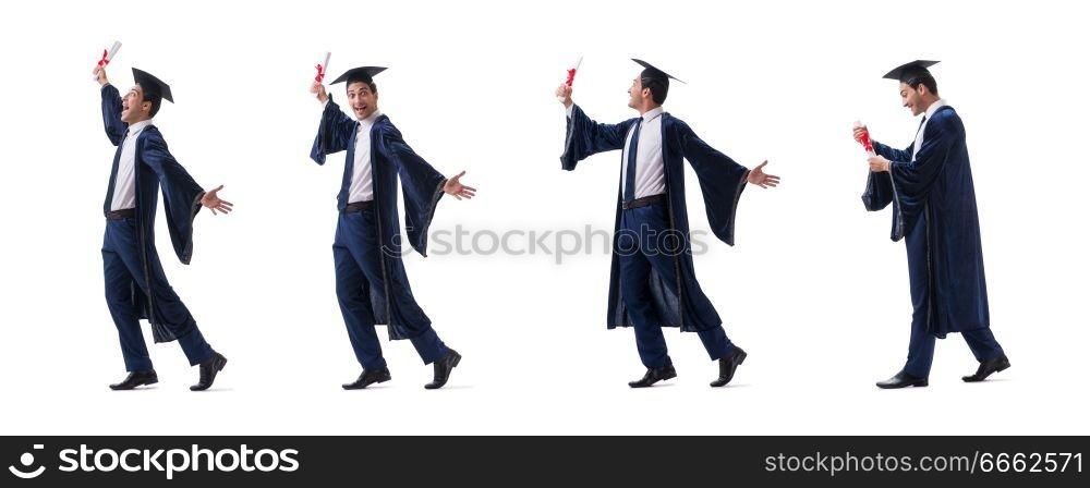 Young man happy with his graduation isolated on white 