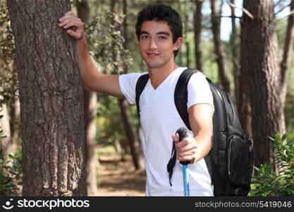 young man hiking in a pine forest