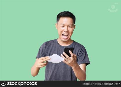 young man holding blank card