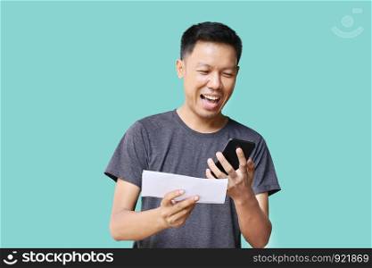 young man holding blank card
