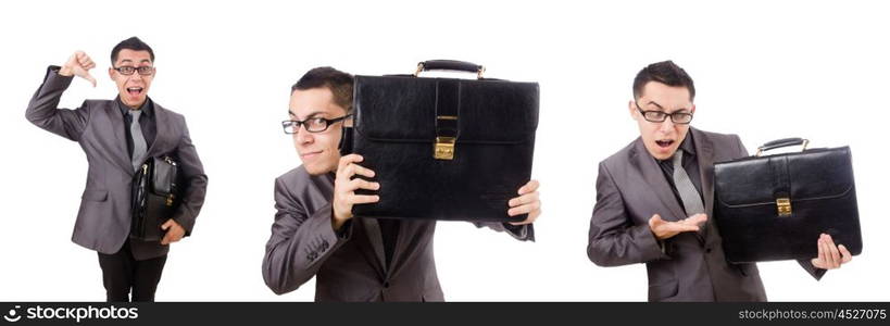 Young man holding briefcase isolated on white