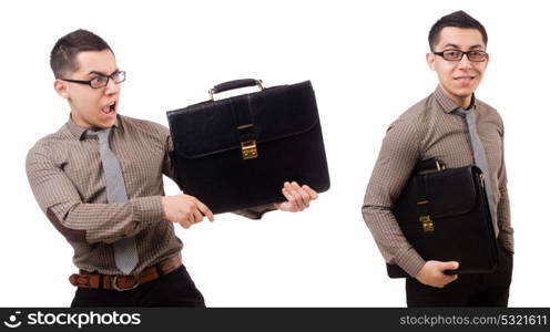 Young man holding briefcase isolated on white