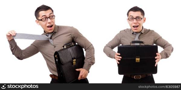 Young man holding briefcase isolated on white