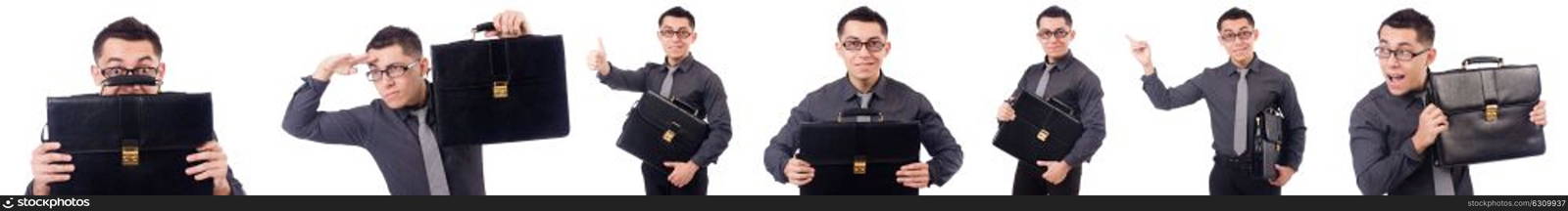 Young man holding briefcase isolated on white