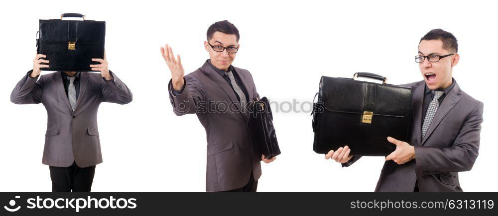 Young man holding briefcase isolated on white