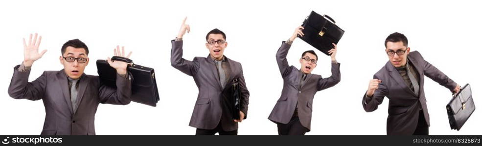 Young man holding briefcase isolated on white