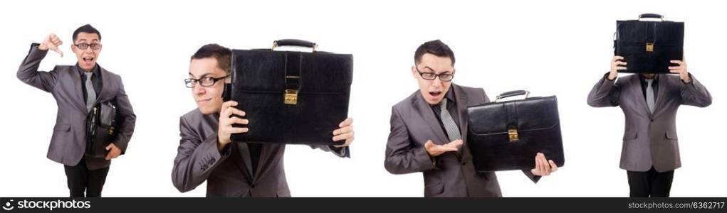 Young man holding briefcase isolated on white