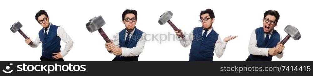 Young man holding hammer isolated on white