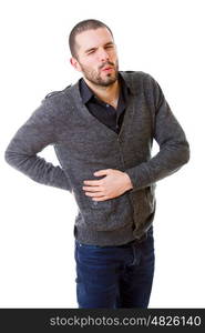 young man holding his back in pain, isolated on white background