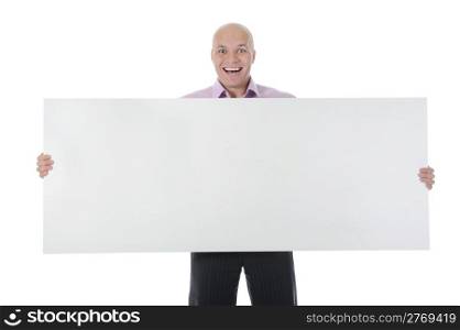 young man holding large blank. Isolated on white