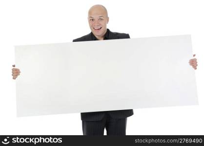 young man holding large blank. Isolated on white background