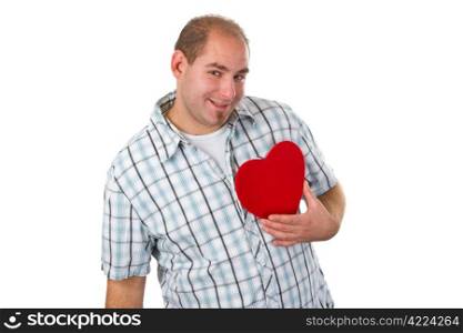 Young man holding red heart - isolated on white background