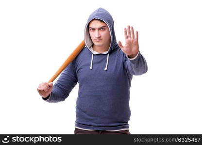 Young man hooligan with baseball bat isolated on white