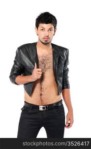 young man in a black leather jacket with a white background