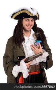 Young man in a pirate costume with small dog