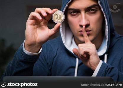 Young man in bitcoin mining concept