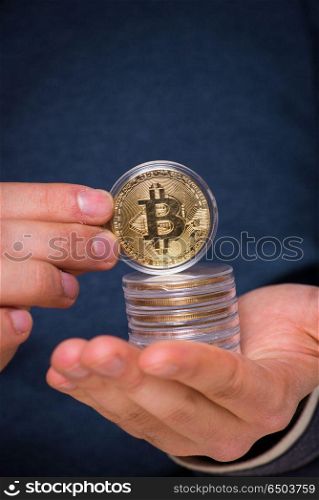 Young man in bitcoin mining concept