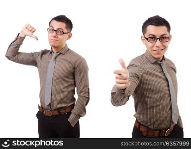 Young man in brown shirt isolated on white