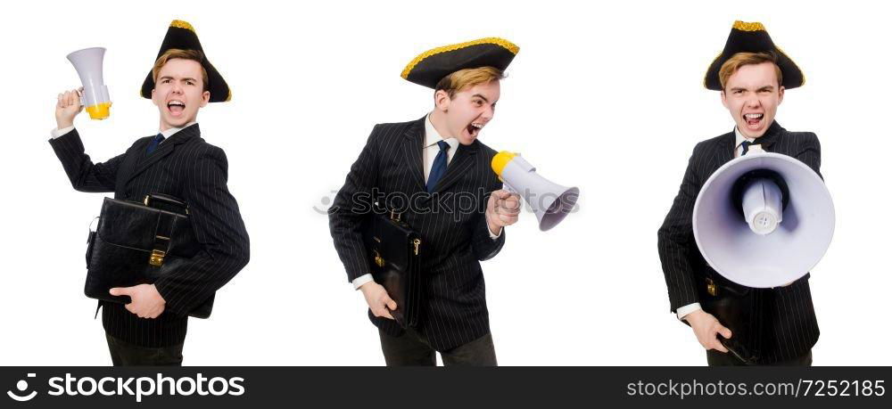 Young man in costume with pirate hat and megaphone isolated on white. Young man in costume with pirate hat and megaphone isolated on w