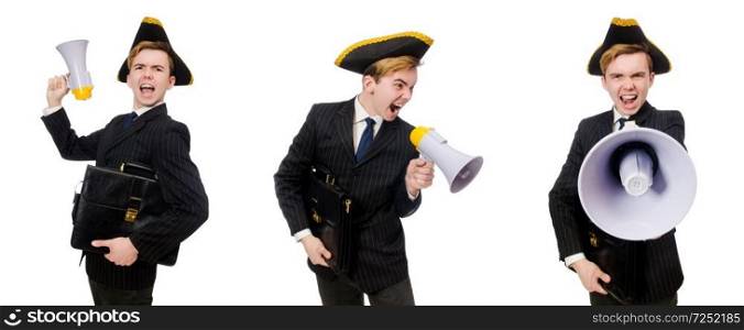 Young man in costume with pirate hat and megaphone isolated on white. Young man in costume with pirate hat and megaphone isolated on w