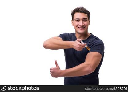Young man in doping concept isolated on white