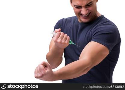 Young man in doping concept isolated on white
