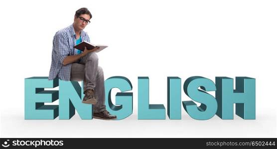 Young man in foreign language concept - English