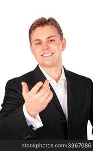 Young man in suit gesture hand forward