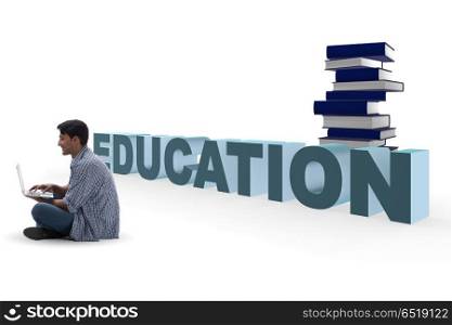 Young man in telelearning concept with laptop and books