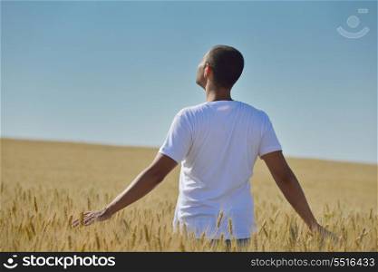 young man in wheat field representing success agriculture and freedom concept