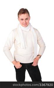 young man in white sweater poses