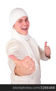 young man in white tuque shows gesture
