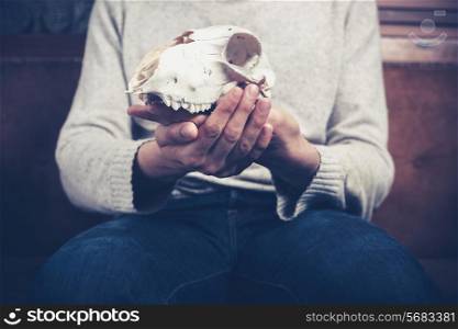 Young man is sitting on a sofa and holding an animal skull